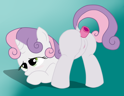 Size: 1994x1545 | Tagged: explicit, artist:an-tonio, artist:lord waite, sweetie belle, anal insertion, anus, ass up, blank flank, blushing, butt, colored, dildo, dock, face down ass up, female, filly, foal, foalcon, g4, imported from derpibooru, insertion, nudity, plot, sex toy, show accurate, show accurate porn, solo, solo female, vulva