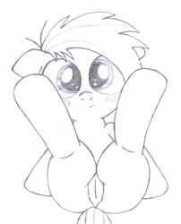 Size: 1636x2027 | Tagged: explicit, artist:an-tonio, rainbow dash, blushing, female, filly, foal, foalcon, g4, imported from derpibooru, legs in air, looking at you, monochrome, nudity, pegasus, pony, solo, solo female, traditional art, vulva