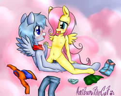 Size: 1607x1275 | Tagged: explicit, artist:anibaruthecat, fluttershy, oc, oc:frosty, anthro, anthro oc, belly button, blue underwear, blushing, breasts, canon x oc, clothes, cloud, cloudy, cute, cute porn, delicious flat chest, female, filly, flattershy, foal, foalcon, frilly underwear, g4, hoof feet, imported from derpibooru, nipples, nudity, panties, panty bow, penis, ribbon, sex, skirt, spread wings, straight, straight shota, underwear, vaginal, vaginal secretions, wingboner, wings, younger