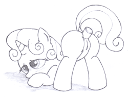 Size: 1994x1545 | Tagged: explicit, artist:an-tonio, sweetie belle, anal insertion, anus, ass up, blushing, butt, derpibooru exclusive, dildo, face down ass up, female, filly, foal, foalcon, g4, imported from derpibooru, insertion, monochrome, nudity, plot, sex toy, solo, solo female, traditional art, vulva