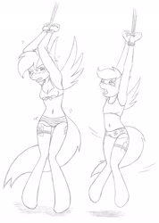 Size: 1472x2069 | Tagged: explicit, grimdark, artist:ryuseihikari, rainbow dash, scootaloo, anthro, armpits, arms in the air, belly button, blushing, bondage, bra, breasts, cleavage, clothes, crop top bra, crying, embarrassed, female, females only, filly, flower pattern underwear, foal, foalcon, g4, glare, imported from derpibooru, monochrome, panties, rape, ribbon, rope, scootabuse, sex, sex toy, suspended, underwear, vibrator, wingboner
