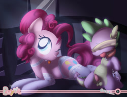 Size: 1292x992 | Tagged: explicit, artist:sip, pinkie pie, spike, age difference, ballgag, balls, blindfold, bondage, clothes, cuffs, dragon, duo, duo male and female, earth pony, evening gloves, female, femdom, flower pattern underwear, foalcon, g4, gag, gloves, humiliation, imported from derpibooru, interspecies, lace, legwear, lingerie, long gloves, male, malesub, nudity, one eye closed, panties, penis, pony, purple underwear, ship:pinkiespike, shipping, socks, spikesub, straight, submission, submissive, thigh highs, tongue out, underwear, wingless spike, wink