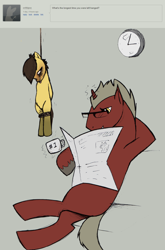 Size: 1059x1600 | Tagged: explicit, grimdark, artist:clippypony, oc, oc:clippy, oc:risky lottery, ask, asphyxiation, breathplay, choking, female, foalcon, hanging, hanging (by neck), imported from derpibooru, male, nudity, oc only, pony, straight, strangling, tumblr, unshorn fetlocks, vulva