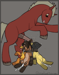 Size: 1384x1761 | Tagged: explicit, grimdark, artist:clippypony, oc, oc:clippy, oc:risky lottery, balls, blindfold, bound, bound together, cum, cum inflation, female, foalcon, gag, horsecock, imported from derpibooru, inflation, latex, male, muzzle gag, nudity, oc only, penis, pissing, rape, restrained, straight, unshorn fetlocks, urine, watersports