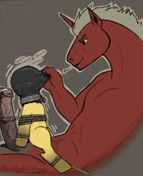 Size: 1368x1682 | Tagged: explicit, grimdark, artist:clippypony, oc, oc:clippy, oc:risky lottery, asphyxiation, blindfold, bound, choking, cum, female, foalcon, horsecock, imported from derpibooru, male, nudity, oc only, padlock, penis, straight