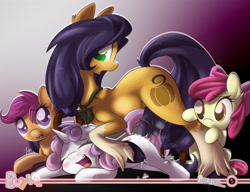 Size: 1292x992 | Tagged: explicit, artist:sip, apple bloom, scootaloo, sweetie belle, oc, oc:pumpkin lily, anal, anal creampie, balls, blushing, canon x oc, creampie, cum, cutie mark crusaders, eyes closed, female, filly, foal, foalcon, futa, futa oc, futa on female, futa on filly, g4, horsecock, imported from derpibooru, intersex, necklace, nudity, open mouth, orgasm, penetration, penis, pony, sex, unshorn fetlocks