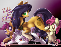 Size: 1292x992 | Tagged: explicit, artist:sip, apple bloom, scootaloo, sweetie belle, oc, oc:pumpkin lily, anal, anal creampie, balls, blushing, canon x oc, creampie, cum, cutie mark crusaders, eyes closed, female, filly, foal, foalcon, futa, futa oc, futa on female, futa on filly, g4, horsecock, imported from derpibooru, intersex, necklace, nudity, open mouth, orgasm, penetration, penis, pony, sex, unshorn fetlocks