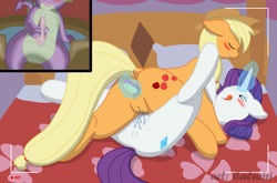 Size: 1200x791 | Tagged: explicit, artist:caluriri, applejack, rarity, spike, anal insertion, anus, bed, blushing, butt, camera shot, cum, dildo, dragon, earth pony, exhibitionism, female, foalcon, g4, imported from derpibooru, insertion, lesbian, lesbian in front of boys, lying down, lying on top of someone, male, mare, mare on mare, masturbation, missionary position, nudity, orgasm, penis, plot, ponut, pony, recording, sex, sex toy, ship:rarijack, ship:sparijack, ship:sparity, shipping, straight, tribadism, unicorn, vaginal orgasm, vaginal secretions, video, vulva, watching