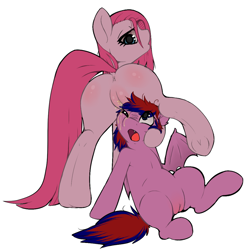 Size: 920x921 | Tagged: explicit, artist:catitty, pinkie pie, oc, oc:ruby, anus, bat pony, canon x oc, female, females only, foalcon, g4, imported from derpibooru, nudity, pinkamena diane pie, pissing, pony, underhoof, urine, vulva, watersports