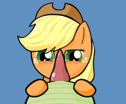 Size: 600x500 | Tagged: explicit, artist:cloppermate, applejack, spike, animated, blue background, blushing, earth pony, female, foalcon, g4, imported from derpibooru, licking, licking cock, male, nudity, oral, penis, pony, sex, ship:applespike, shipping, simple background, straight, tongue out