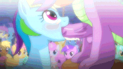 Size: 640x360 | Tagged: explicit, artist:fantasyblade, rainbow dash, spike, animated, audience, balls, blinking, blowjob, blushing, cum, deepthroat, dragon, exhibitionism, eyes closed, faceless male, facial, female, foalcon, g4, hand on head, hands on head, happy sex, holding head, imported from derpibooru, interspecies, looking up, male, nudity, offscreen character, oral, penis, public sex, sex, ship:rainbowspike, shipping, stool, straight, throat bulge