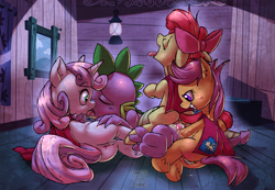 Size: 4000x2775 | Tagged: explicit, artist:computer olympics, apple bloom, scootaloo, spike, sweetie belle, ahegao, anal creampie, anal hoofing, anus, bedroom eyes, clubhouse, cmc foursome, cmc threesome, cowgirl position, creampie, crusaders clubhouse, cum, cutie mark crusaders, dragon, drool, earth pony, eyes closed, female, filly, floppy ears, foal, foalcon, foursome, french kiss, g4, gangbang, grin, group sex, harem, high res, hoofing, horn, imported from derpibooru, incorrect leg anatomy, interspecies, kissing, lucky bastard, lucky pierre, male, moaning, nose wrinkle, nudity, on side, open mouth, orgy, pegasus, ponut, pony, sex, ship:crusadespike, ship:scootaspike, ship:spikebelle, ship:spikebloom, ship:sweetiebloomaloo, shipping, sloppy kissing, smiling, spike gets all the mares, straight, tongue out, underhoof, unicorn, vaginal, vaginal secretions, vulva, wall of tags, wide eyes