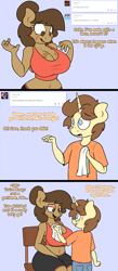 Size: 1800x4110 | Tagged: questionable, artist:stunnerpone, oc, oc:georgia lockheart, oc:ollie cotter, anthro, anthro oc, belly button, big breasts, breasts, cleavage, clothes, comic, dialogue, female, foalcon, georgia replies, imported from derpibooru, looking at each other, midriff, oc only, open mouth, smiling, sports bra, tumblr, workout outfit