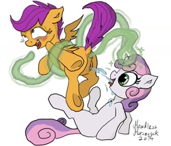 Size: 1276x1089 | Tagged: explicit, artist:headless horsecock, scootaloo, sweetie belle, anal, anal orgasm, blushing, consentacles, female, filly, foal, foalcon, g4, hands free, imported from derpibooru, lesbian, magic, magical stimulation, magical tentacle, nudity, orgasm, scootatentacles, ship:scootabelle, shipping, squirting, tentacle porn, tentacles, tongue out, vagina, vaginal secretions