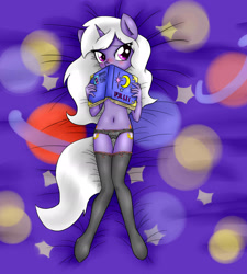 Size: 1609x1788 | Tagged: questionable, artist:anibaruthecat, oc, anibaruthecat bed, anthro, belly button, blushing, book, clothes, covering, female, foalcon, frilly underwear, heart, heart print underwear, hoof feet, imported from derpibooru, oc only, panties, solo, solo female, teasing, underwear