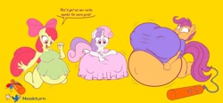 Size: 1280x596 | Tagged: questionable, artist:badgerben, artist:nookturn, apple bloom, scootaloo, sweetie belle, anthro, big breasts, bottle, breast expansion, breasts, breasts on floor, busty apple bloom, busty cmc, busty scootaloo, busty sweetie belle, cutie mark crusaders, earth pony, edit, expansion, female, foalcon, g4, gas tank, huge breasts, imported from derpibooru, impossibly large belly, impossibly large breasts, inflation, nudity