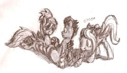 Size: 1656x956 | Tagged: explicit, artist:a2, clothes, cloudchaser, cocksock, colt, female, flitter, foal, foalcon, g4, imported from derpibooru, male, mare, pegasus, pony, rumble, rumble gets both the mares, ship:flitterumblechaser, sketch, socks