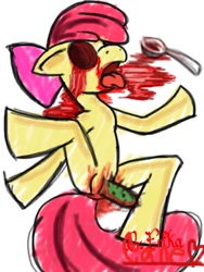 Size: 600x800 | Tagged: explicit, grimdark, grotesque, artist:cane, apple bloom, blood, cactus, cactus in vagina, death, earth pony, female, fetish, foalcon, g4, gore, imported from derpibooru, insertion, necrophilia, nudity, rape, semi-anthro, solo, solo female, spoon, tongue out, vaginal insertion, vulva, why
