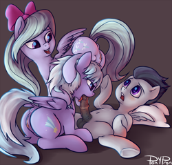 Size: 3000x2870 | Tagged: explicit, artist:ponypeon, anus, balls, bedroom eyes, belly button, blowjob, blushing, brown background, butt, cloudbutt, cloudchaser, colt, dead source, dock, eyes on the prize, female, ffm threesome, flitter, flitterbutt, foal, foalcon, g4, group sex, high res, horsecock, human vulva on pony, imported from derpibooru, just the tip, male, mare, mare on colt, medial ring, nudity, on back, oral, pegasus, penis, pillow, plot, ponut, pony, presenting, rumble, rumble gets both the mares, sex, ship:flitterumble, ship:flitterumblechaser, ship:rumblechaser, shipping, simple background, spread legs, spreading, squirting, straight, straight shota, threesome, tongue out, underhoof, vaginal secretions, vulva