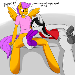 Size: 2000x2000 | Tagged: explicit, artist:denizen1414, scootaloo, oc, oc:hero, anthro, balls, big penis, blowjob, bottomless, breasts, canon x oc, clothes, foalcon, futa, futa oc, futa on male, futa scootaloo, g4, high res, horsecock, imported from derpibooru, impossibly large balls, impossibly large penis, intersex, male, nudity, oral, penis, shirt, vest, wingboner