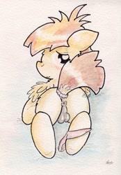 Size: 701x1010 | Tagged: explicit, artist:slightlyshade, anus, balls, blushing, butt, clothes, colt, crossdressing, featherweight, foal, foalcon, g4, imported from derpibooru, looking at you, looking back, male, nudity, panties, panties around leg, pegasus, plot, ponut, pony, presenting, solo, solo male, traditional art, underwear