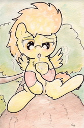 Size: 737x1118 | Tagged: explicit, artist:slightlyshade, blushing, drool, female, filly, foal, foalcon, g4, imported from derpibooru, masturbation, orgasm, pegasus, pony, solo, solo female, spitfire, traditional art, tree, vaginal secretions, wingboner