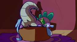 Size: 1280x699 | Tagged: explicit, artist:mostazathy, spike, bed, blanket, dragon, foalcon, g4, imported from derpibooru, male, nudity, presenting, solo, solo male