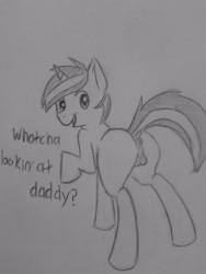 Size: 1920x2560 | Tagged: explicit, artist:subimaru_kai, oc, oc:snowy, anus, balls, butt, colt, dialogue, foal, foalcon, implied father, implied father and son, implied incest, implied stallion, implied stallion on colt, imported from derpibooru, male, monochrome, nudity, oc only, plot, solo, solo male