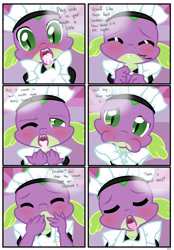 Size: 1741x2500 | Tagged: explicit, artist:pyruvate, spike, comic:dragon queen, blushing, clothes, comic, crossdressing, cum, cum eating instructions, cum in mouth, dialogue, dragon, eyes closed, femboy, femboy spike, femdom, foalcon, g4, good boy, implied gay, implied rarity, imported from derpibooru, looking at you, looking up, maid, male, malesub, open mouth, puffy cheeks, raridom, sissy, solo, solo male, spikesub, submissive, swallowing, tongue out