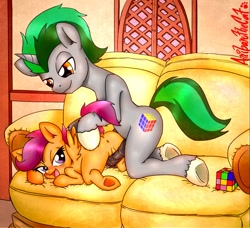 Size: 1863x1700 | Tagged: explicit, artist:anibaruthecat, scootaloo, oc, oc:trouble breaker, anus, blushing, canon x oc, couch, female, filly, foal, foalcon, g4, genitals, imported from derpibooru, male, nudity, pegasus, penis, pony, rubik's cube, straight, underhoof, unicorn, unshorn fetlocks, vulva, wingboner