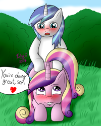Size: 1600x2000 | Tagged: questionable, artist:lazyfable, oc, :3, blushing, canon x oc, commission, doggy style, fangs, female, foalcon, from behind, g4, grin, heart, imported from derpibooru, incest, male, mare, mother and child, mother and son, not shining armor, offspring, open mouth, parent:princess cadance, parent:shining armor, parents:shiningcadance, pony, princess cadance, raised tail, sex, smiling, softcore, straight