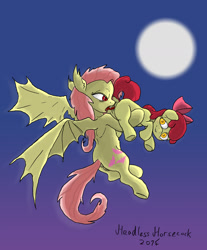 Size: 1323x1598 | Tagged: explicit, artist:headless horsecock, apple bloom, fluttershy, age difference, anus, bat pony, blushing, cunnilingus, dock, earth pony, female, filly, flutterbat, flying, foal, foalcon, g4, imported from derpibooru, lesbian, long tongue, mare on filly, moon, nudity, oral, ponut, pony, sex, ship:flutterbloom, shipping, vulva