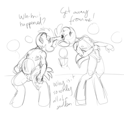 Size: 1000x1000 | Tagged: explicit, artist:smudge proof, anthro, dialogue, exhibitionism, foalcon, foreskin, fused, g4, horn, horns are touching, human penis, imported from derpibooru, magic duel, male, males only, my little pony: friendship is magic, nudity, penis, public, public nudity, scene interpretation, sketch, small penis, snails, snips