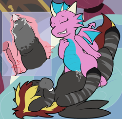 Size: 1250x1224 | Tagged: explicit, artist:shenhibiki, oc, oc:saga the dragon, abdominal bulge, anal, anal creampie, anal orgasm, anus, creampie, cum, cumming, dragon, dragoness, female, female on top, female orgasm, foalcon, hands free, horsecock, imported from derpibooru, internal cumshot, interspecies, male, male on bottom, nudity, oc name needed, oc only, orgasm, orgasm cumshot, penis, rectum, sex, simultaneous orgasm, size difference, stallion on dragoness, straight, vagina, vulva, x-ray, zebra on dragon action