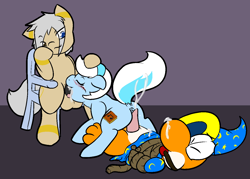 Size: 1250x897 | Tagged: explicit, artist:shenhibiki, oc, oc:dazzle, oc:shenhibiki, anus, balls, blowjob, blushing, bondage, butt, chair, cum, foalcon, furry, group sex, heterochromia, imported from derpibooru, nudity, oc only, oral, penis, plot, rope, sex, super mario, threesome, tied up, yoshi