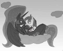 Size: 1000x820 | Tagged: questionable, artist:tg-0, age difference, alicorn, anthro, bedroom eyes, boop, breast milk, breastfeeding, breasts, busty nightmare moon, cloud, cloudy, colt, cute, cute porn, earth pony, eye contact, female, foal, foalcon, g4, grayscale, imported from derpibooru, lactation, male, mare, maternaluna, monochrome, nicemare moon, nightmare moon, nipples, nudity, on back, pipsqueak, ship:lunapip, ship:pipmoon, shipping, smiling, spread wings, straight, straight shota, suckling, wings