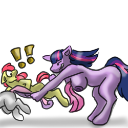 Size: 720x720 | Tagged: questionable, artist:deamonox, apple bloom, scootaloo, sweetie belle, twilight sparkle, series:twilight's research, anthro, breast expansion, breast vore, breasts, cleavage vore, cutie mark crusaders, exclamation point, female, fetish, foalcon, g4, grin, imported from derpibooru, nipples, nudity, open mouth, scootaprey, smirk, twilight is a foal fiddler, twipred, unicorn, unicorn twilight, vore, wat, wide eyes