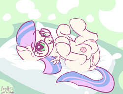 Size: 6600x5100 | Tagged: explicit, artist:megaherts, oc, oc:cupcake sweets, absurd resolution, anatomically correct, anus, big crotchboobs, booberty, butt, commission, crotchboobs, cute, cute porn, derpibooru exclusive, dock, female, filly, foal, foalcon, glasses, green eyes, huge crotchboobs, imported from derpibooru, impossibly large crotchboobs, legs in air, looking at you, nipples, nudity, oc only, on back, oppai loli, pegasus, pillow, plot, ponut, pony, presenting, puckered asshole, small wings, smiling, solo, solo female, vulva