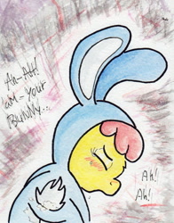 Size: 722x921 | Tagged: explicit, artist:slightlyshade, apple bloom, blushing, bunny bloom, bunny costume, clothes, cum, earth pony, female, filly, foal, foalcon, g4, implied straight, imported from derpibooru, pet play, pony, solo, solo female, traditional art