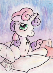 Size: 718x983 | Tagged: explicit, artist:slightlyshade, sweetie belle, bed, blushing, clothes, cute, cute porn, female, foalcon, g4, genitals, heart, heart print underwear, imported from derpibooru, nudity, panties, panties around leg, panties pulled down, pillow, pony, solo, solo female, traditional art, underwear, unicorn, vulva, vulva blush, white underwear