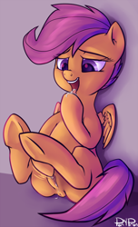 Size: 1825x3000 | Tagged: explicit, artist:ponypeon, scootaloo, aftersex, anatomically correct, anus, bedroom eyes, clitoris, creampie, cum, cum eating, cum on hooves, ear fluff, edit, female, foalcon, g4, implied straight, imported from derpibooru, legs in air, licking, looking down, masturbation, nudity, open mouth, sitting, smiling, solo, solo female, tongue out, underhoof, vaginal secretions, vulva