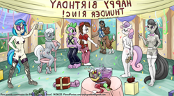 Size: 1807x1000 | Tagged: explicit, artist:smudge proof, silver spoon, spike, sweetie belle, oc, oc:thunder ring, anthro, armpits, breasts, delicious flat chest, discord, dj pon-3, dragon, female, flatie belle, foalcon, g4, happy sex, imported from derpibooru, maebari, nipple tape, nipples, nudity, octavia melody, paddle, pasties, pipsqueak, pony viagra, sex, spanked, spanking, tied to chair, vinyl scratch