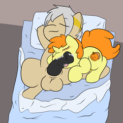 Size: 1250x1250 | Tagged: explicit, artist:shenhibiki, oc, oc:shenhibiki, balls, bed, blowjob, blushing, canon x oc, cum, female, foalcon, g4, imported from derpibooru, male, nudity, oral, penis, pumpkin cake, sideways oral, straight