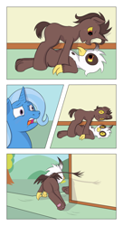 Size: 1800x3300 | Tagged: questionable, oc, oc:loki, oc:loki ebonhoof, blushing, caught, clone, comic, foalcon, g4, gay, griffon, imported from derpibooru, loki, male, paw pads, poki and goki, pony, trixie