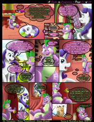 Size: 1165x1500 | Tagged: explicit, artist:kitsuneyoukai, rarity, spike, comic:a spike in confidence, bird, butt, comic, dialogue, dragon, embarrassed, erection, fantasizing, foalcon, g4, imported from derpibooru, interior, library, looking back, nudity, owl, owlowiscious, penis, plot, pony, rambling, relief, shove, sitting, startled, talking, thought bubble, unicorn, who, wingless spike