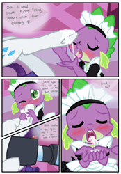 Size: 1741x2500 | Tagged: explicit, artist:pyruvate, rarity, spike, comic:dragon queen, age difference, comic, crossdressing, cum, cum drinking, cum in mouth, dialogue, dragon, duo, duo male and female, female, femboy, femboy spike, femdom, foalcon, g4, good boy, hoof fetish, hoof sucking, horn, imported from derpibooru, looking up, lusty baby dragon maid, maid spike, male, malesub, pony, raridom, ship:sparity, shipping, sissy, spikesub, straight, stupid sexy spike, submissive, unicorn, wingless spike