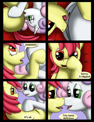 Size: 980x1268 | Tagged: explicit, artist:cobramcjingleballs, apple bloom, sweetie belle, comic:cmc comic (comic:crazy mares), comic:crazy mares, comic, cunnilingus, female, filly, filly on filly, foal, foalcon, g4, imported from derpibooru, lesbian, oral, pony, pony on pony action, ship:sweetiebloom