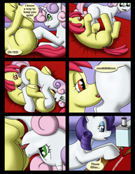 Size: 980x1268 | Tagged: explicit, artist:cobramcjingleballs, apple bloom, rarity, sweetie belle, comic:cmc comic (comic:crazy mares), comic:crazy mares, comic, cunnilingus, female, filly, filly on filly, foal, foalcon, g4, imported from derpibooru, lesbian, oral, pony, pony on pony action, sewing machine, ship:sweetiebloom, shipping