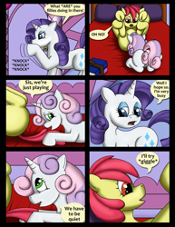 Size: 980x1268 | Tagged: explicit, artist:cobramcjingleballs, apple bloom, rarity, sweetie belle, comic:cmc comic (comic:crazy mares), comic:crazy mares, comic, female, filly, filly on filly, foal, foalcon, g4, imported from derpibooru, lesbian, pony, pony on pony action, ship:sweetiebloom, shipping