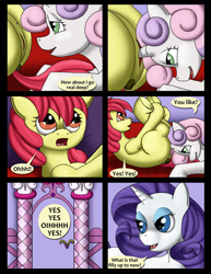 Size: 980x1268 | Tagged: explicit, artist:cobramcjingleballs, apple bloom, rarity, sweetie belle, comic:cmc comic (comic:crazy mares), comic:crazy mares, anus, butt, comic, female, filly, filly on filly, foal, foalcon, g4, horn, horn penetration, imported from derpibooru, lesbian, mare, nudity, plot, pony, pony on pony action, sex, ship:sweetiebloom, shipping, unicorn, vulva